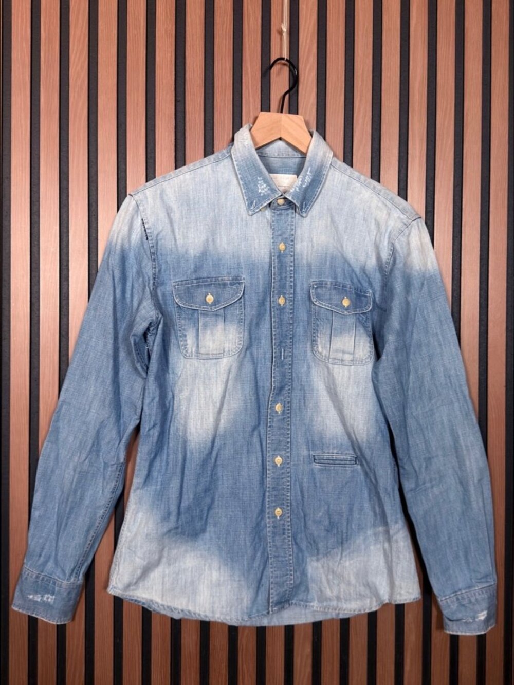 Solid Blue Denim Shirt Small Mens Blue Long Sleeve Western Acid *READ